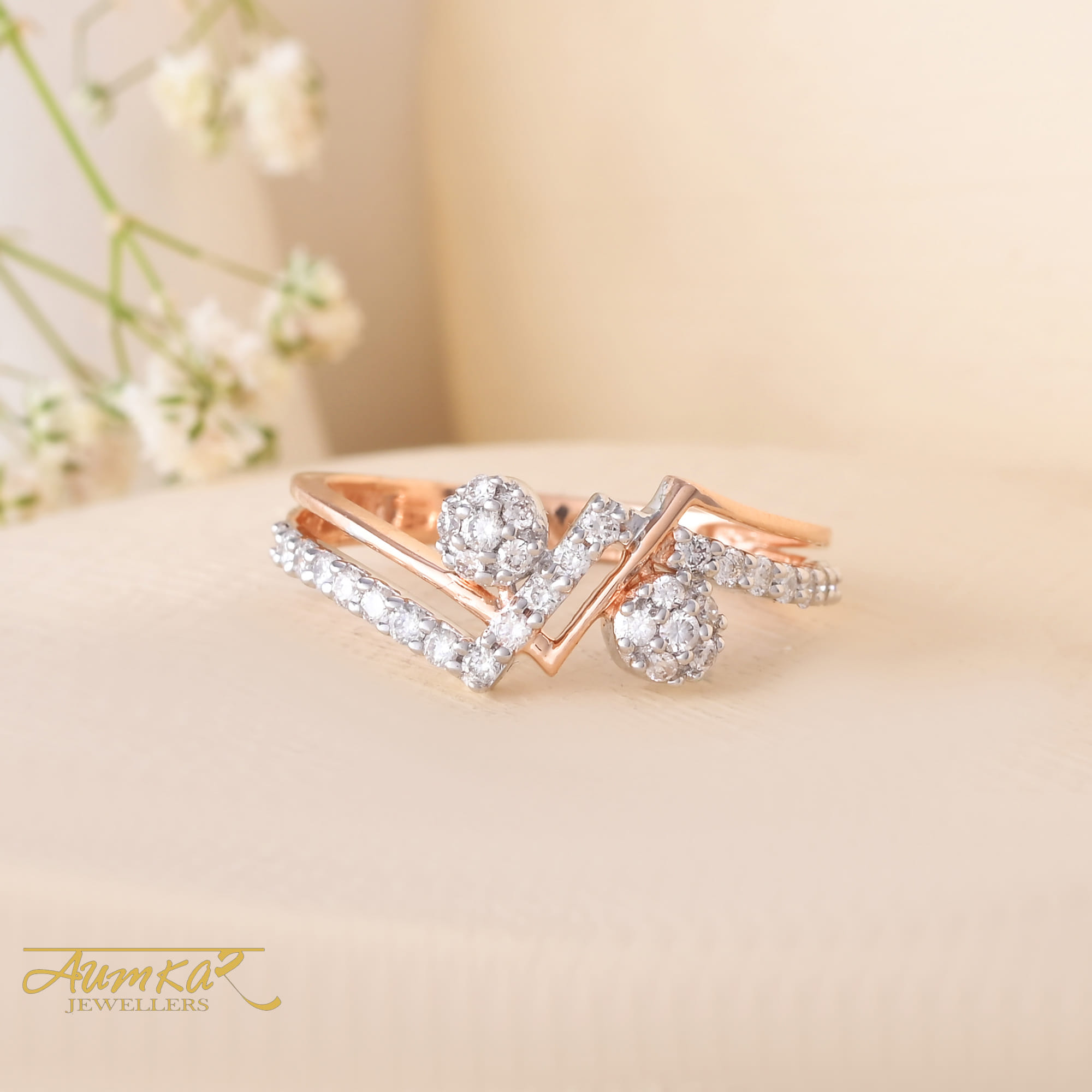 Diamond Bypass Ring For Women Rose Gold Engagement Gift