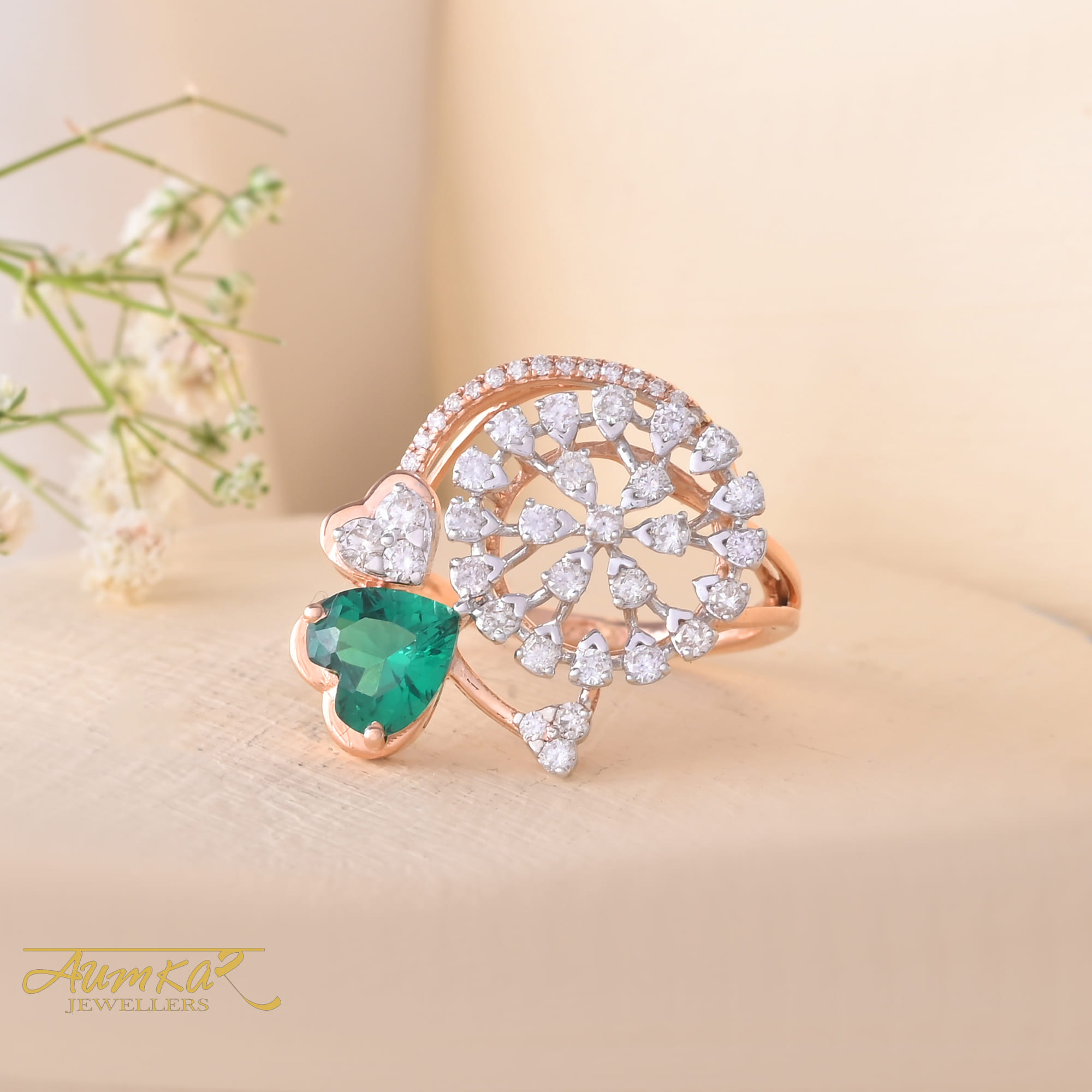 Green Stone Cocktail Ring Rose Gold Diamond Flower Design