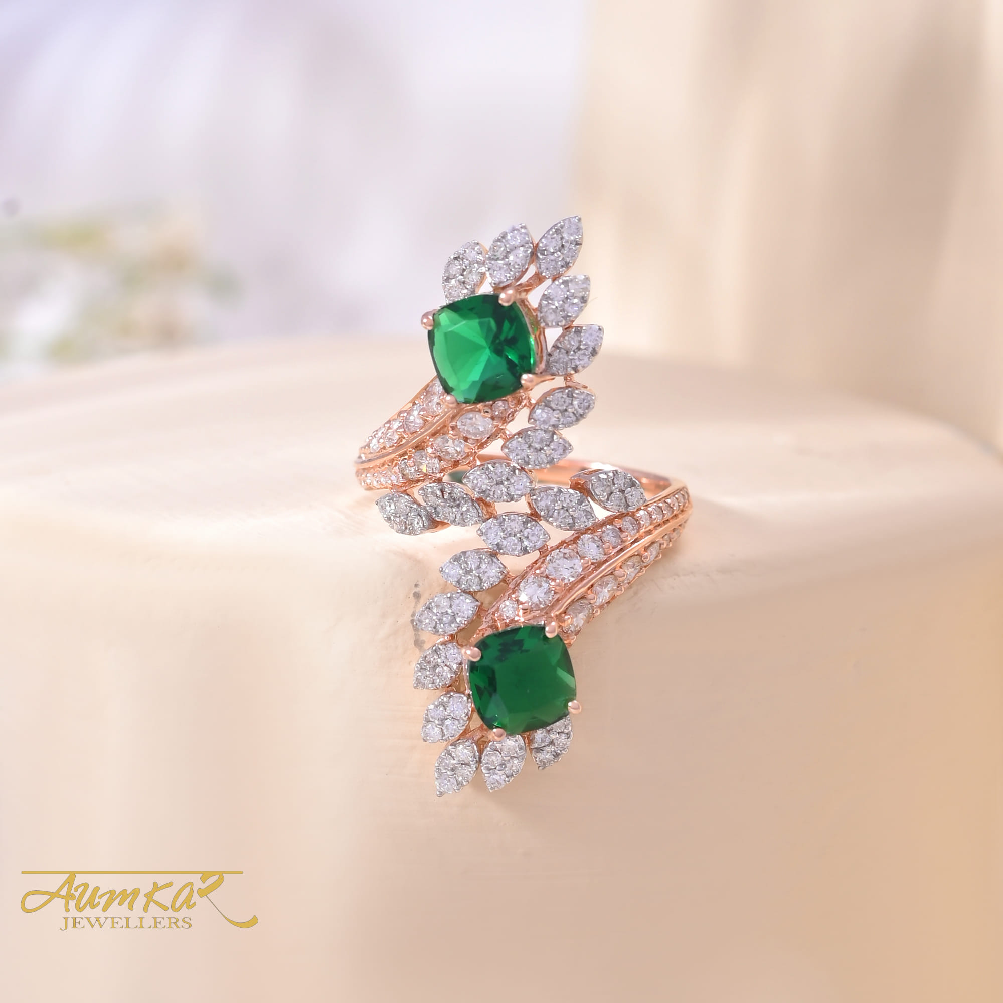 Green Stone Cocktail Ring For Women Floral Diamond Design