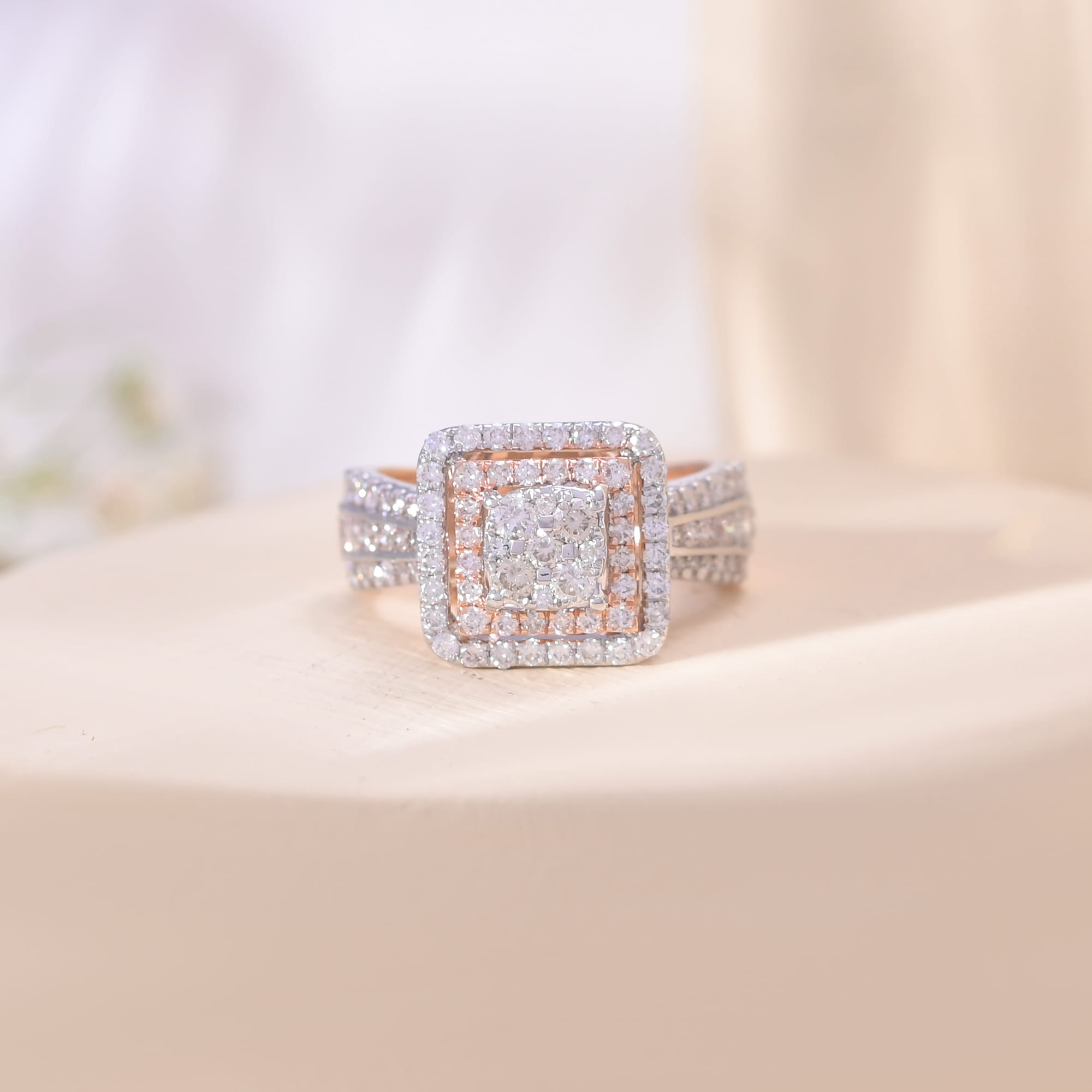 Rose Gold Diamond Halo Ring For Women Engagement Wedding