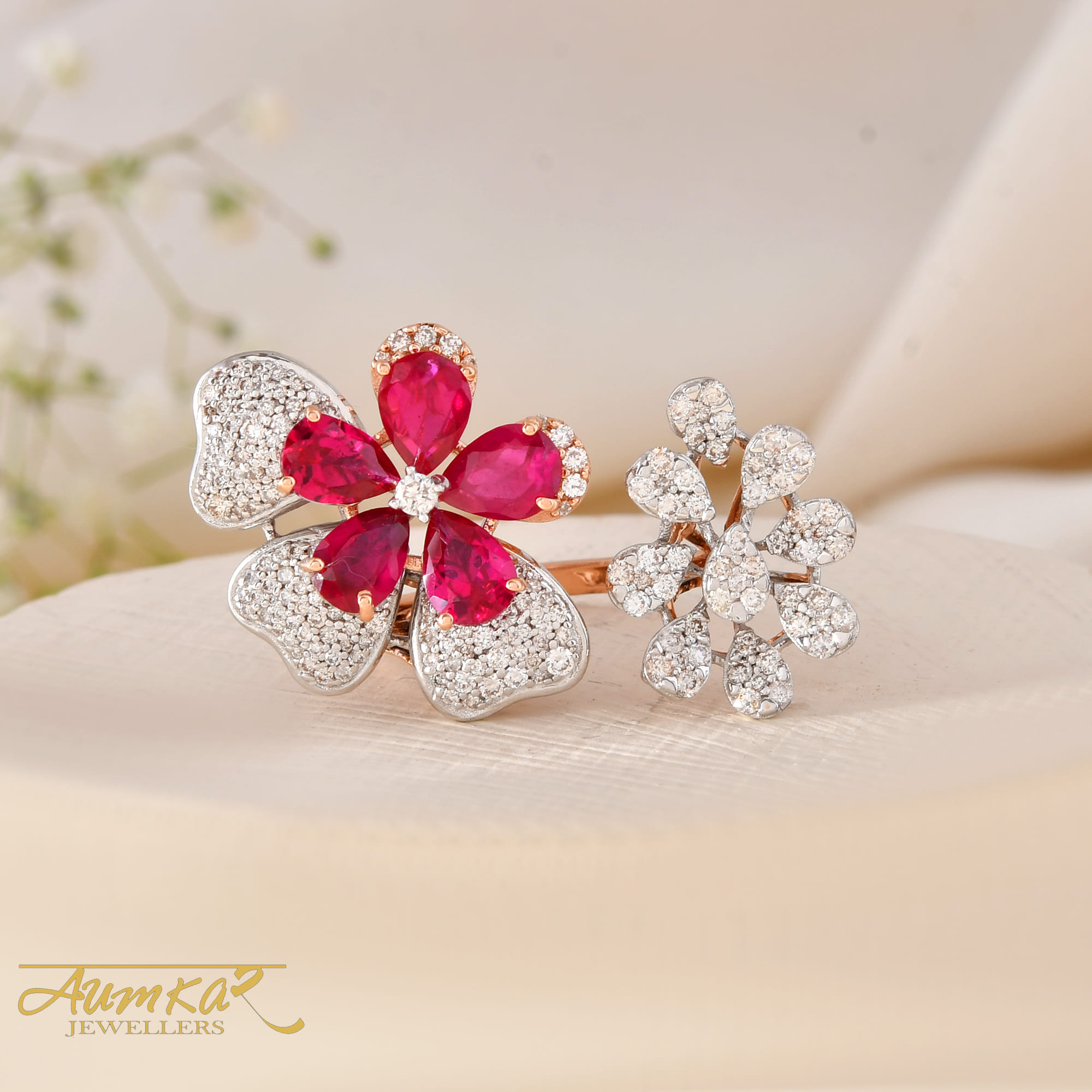 Red Flower Ring With Diamonds For Women Wedding Jewelry