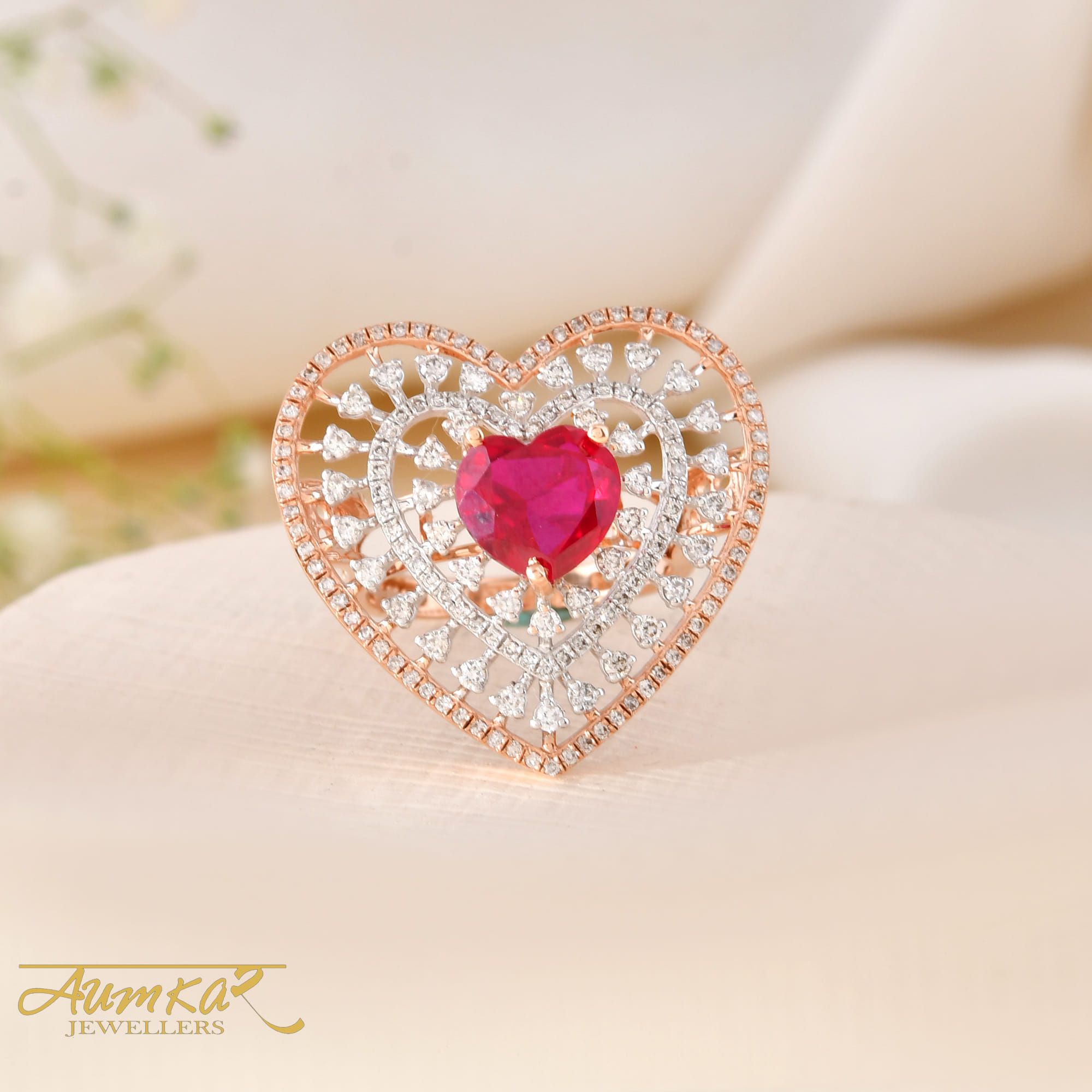 Heart Shaped Red Stone Ring With Diamond Accents For Women