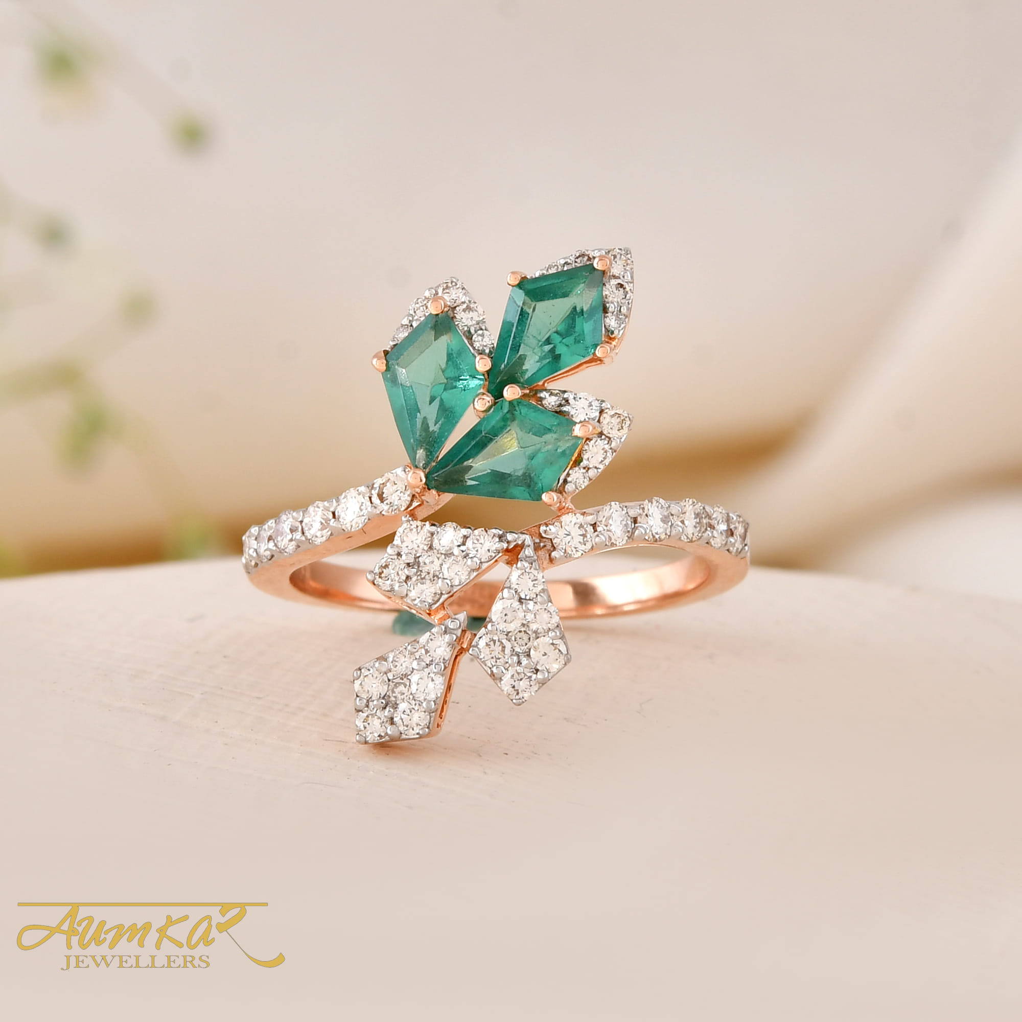 Green Stone Floral Ring With Diamonds For Women