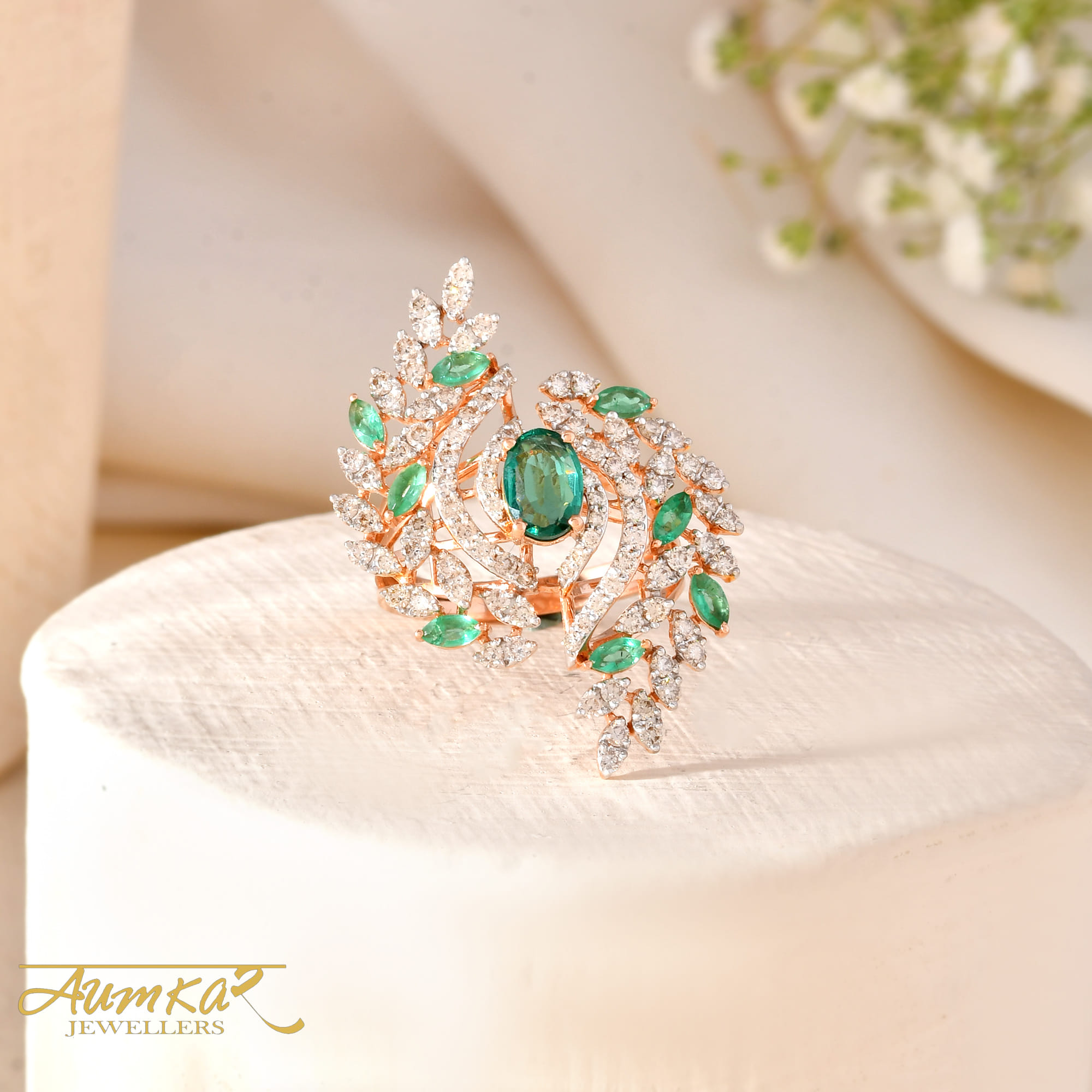 Green Stone Cocktail Ring With Diamond Accents For Women