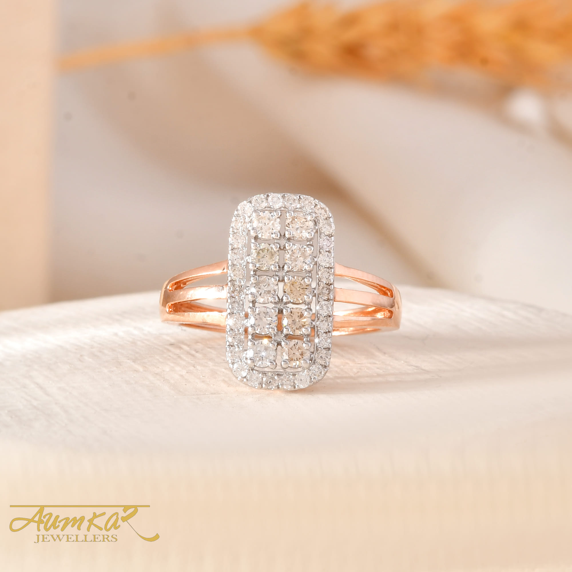 Women's Diamond Cluster Ring Rose Gold Engagement Band