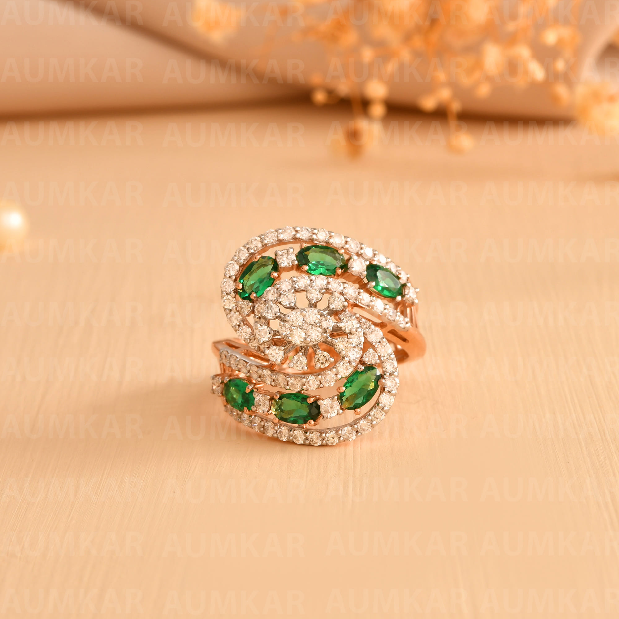 Women Diamond Gold Ring With Green Stone Swirl Design