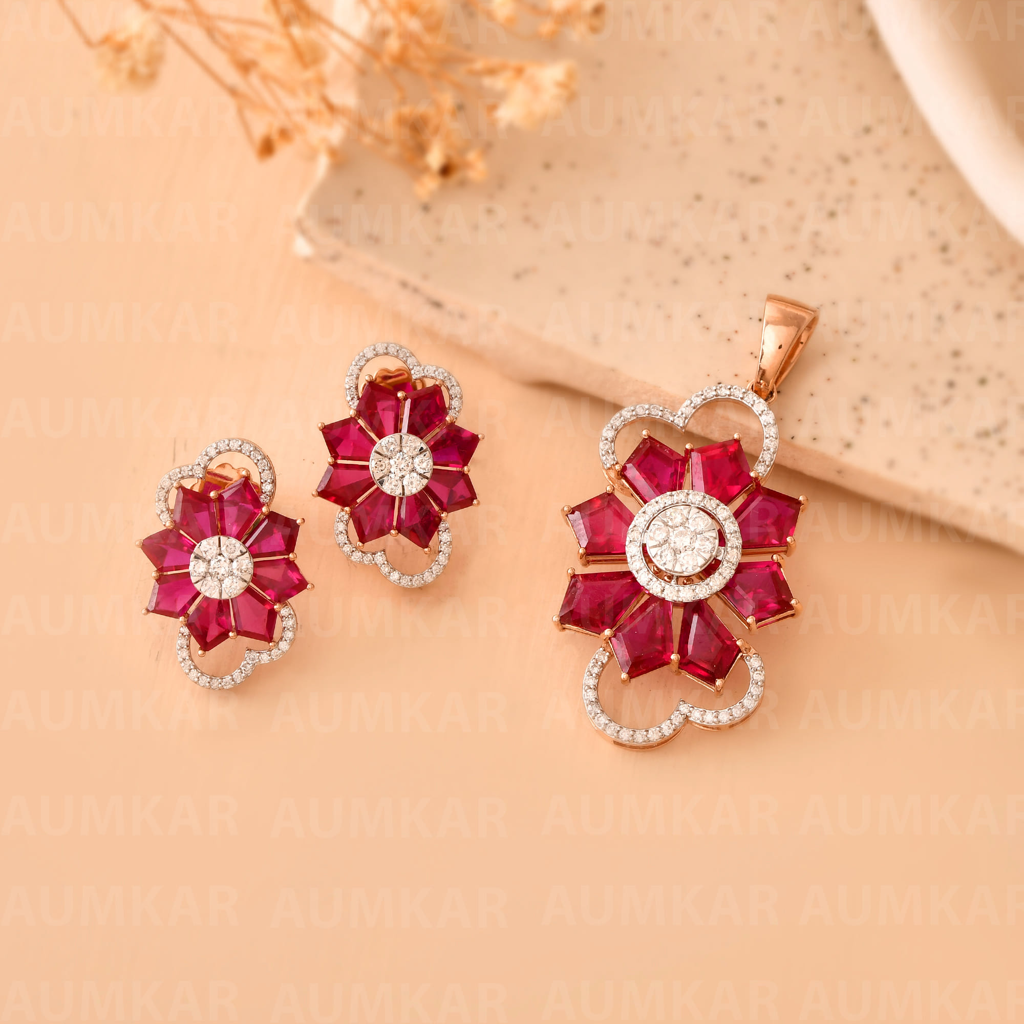 Floral Diamond Pendant Set With Earrings For Women