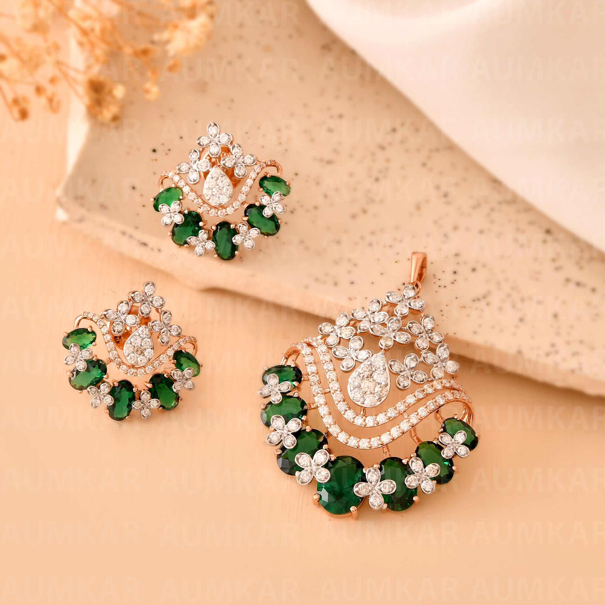 Diamond Pendant Set With Green Stone Earrings Women