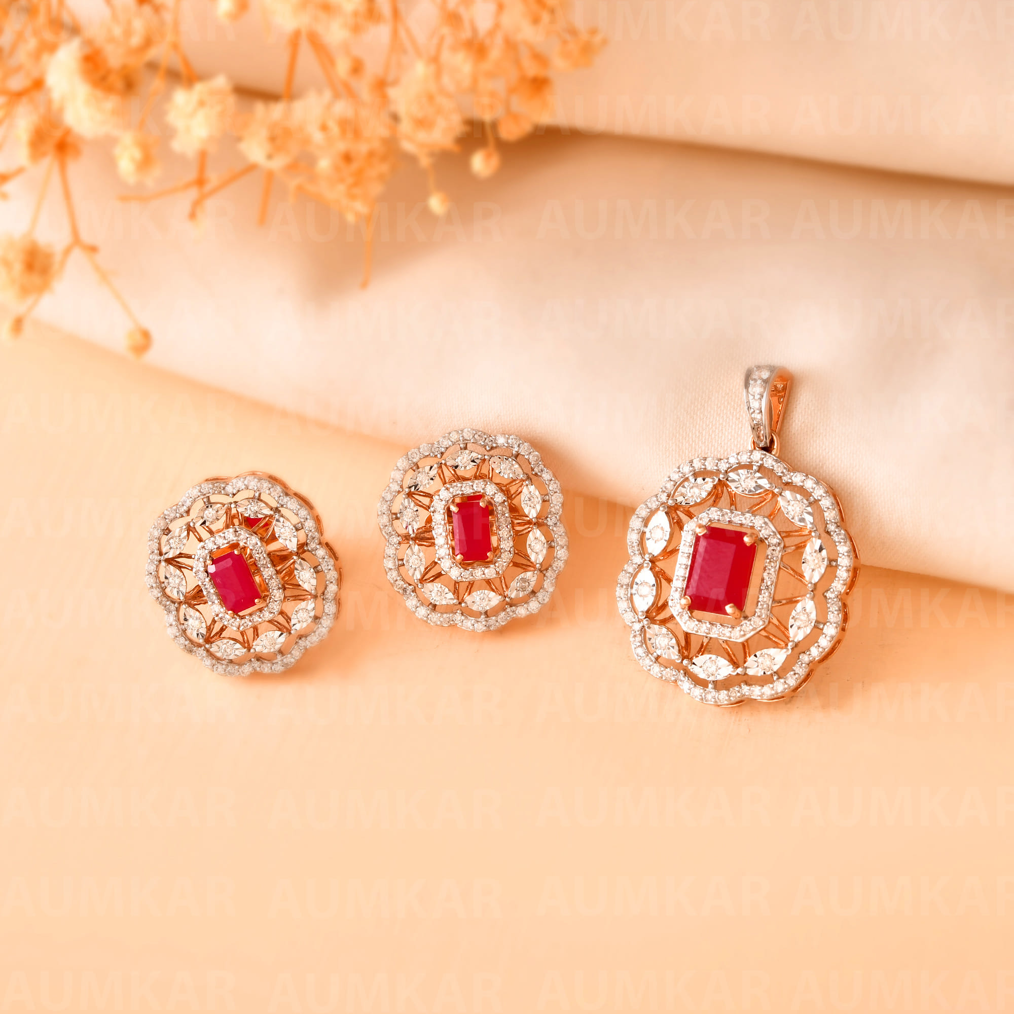 Diamond Pendant Set With Red Stone Floral Design Women