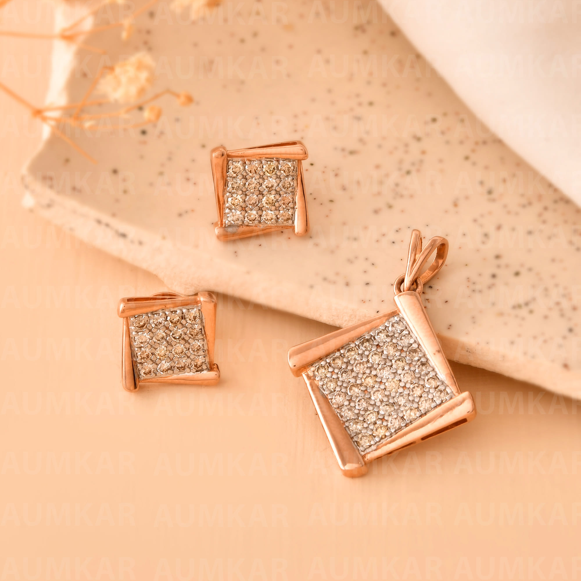 Diamond Pave Square Pendant And Earrings Set Women